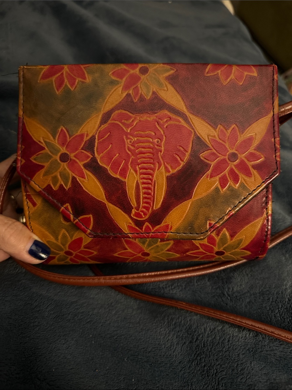 Mediterranean Trading Co Leather Crossbody Elephant Floral Hand Painted Boho Bag